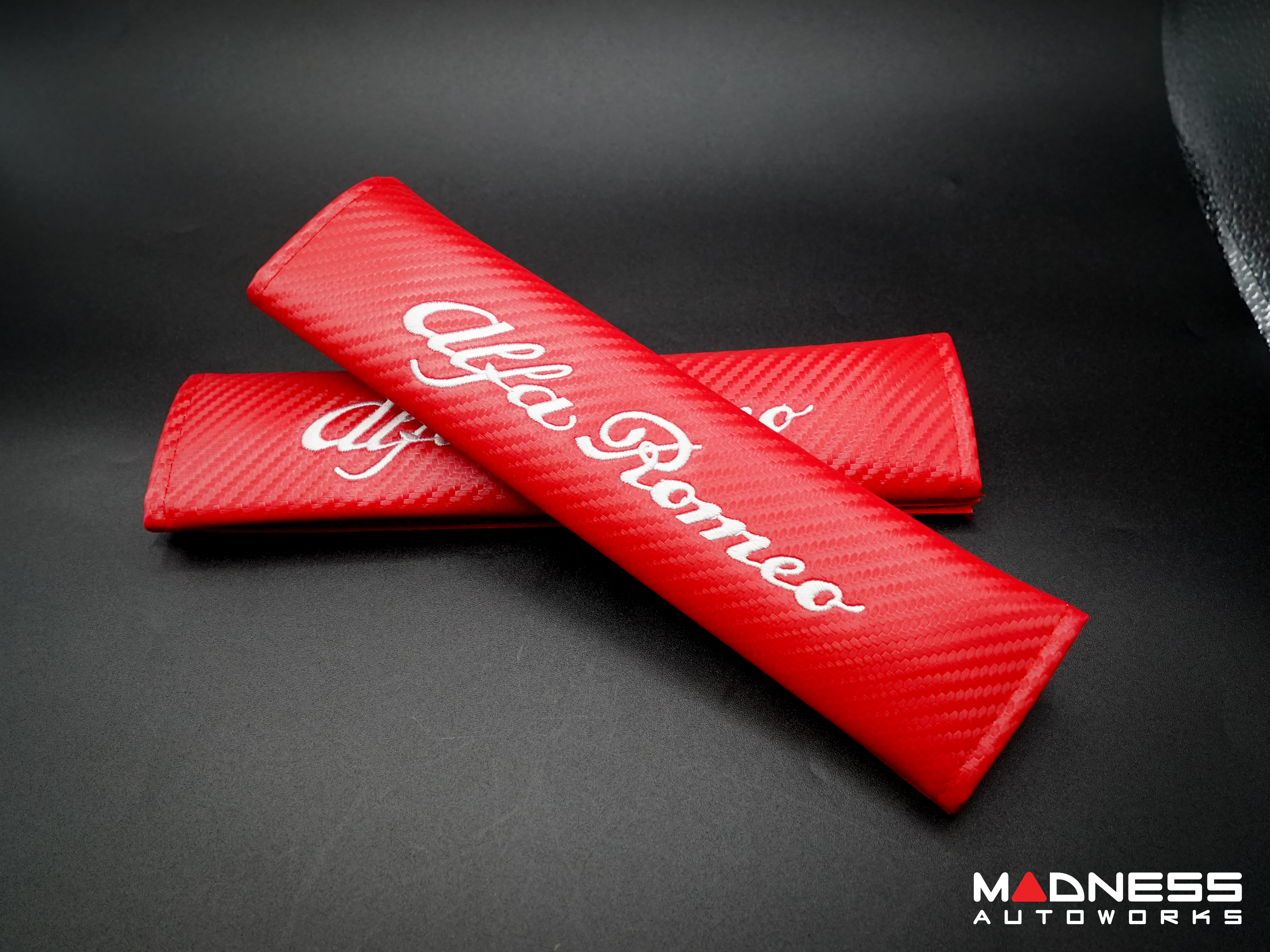 Seat Belt Shoulder Pads - set of 2 - Carbon Fiber look - Red w/ White Alfa Romeo Logo 